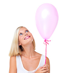 Image showing Young woman, balloon and smile of a model with mockup, white background and studio space. Birthday, party or valentines day balloons with happy smiling person with mock up excited to celebrate