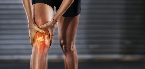 Image showing Knee injury, red muscle and man exercise with medical pain, body strain and sports emergency. Legs, wound and fitness accident from workout, arthritis and skeleton anatomy for orthopedic first aid