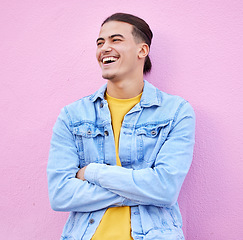 Image showing Student man, arms crossed and fashion by background with smile, happiness and profile with vision. Young gen z guy, excited and happy for future with goals, motivation and edgy clothes by pink wall