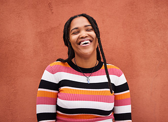 Image showing Portrait, black woman and happiness on wall, casual outfit and freedom with laugh, trendy and smile. Face, Jamaican female and happy lady with trendy, relax and cool on break, adventure and cheerful