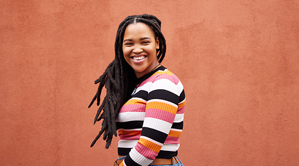 Image showing Portrait, wall and black woman with smile, fashion and freedom with joy, success and casual outfit. Face, Jamaican female and happy lady on background, happiness and cheerful with wonder and mockup