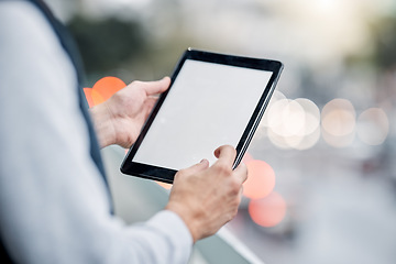 Image showing Digital tablet, city and blank screen with mockup space for advertising, marketing or product placement. Technology, touchscreen and man browsing on social media, internet or mobile app on a device.