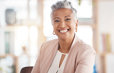 Image showing Leadership, portrait and senior woman in her office with confidence, happiness and management. Leader, success and professional elderly female manager from Puerto Rico sitting in the modern workplace