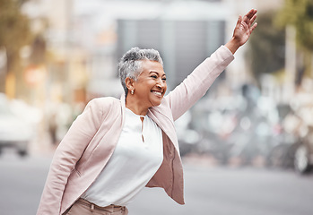 Image showing City, business woman and taxi gesture in street, traveling or morning commute to work. Female executive, hands and cab for lift, transportation or happiness in urban road with smile, wave and traffic