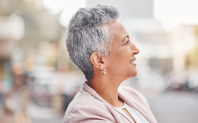 Image showing Senior woman, city and business person profile with blurred background thinking of finance work. Urban, investment vision and mature female outdoor happy about investing and retirement ideas