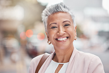 Image showing Corporate senior woman, city and portrait for smile, happy or excited for job in financial service. Accountant, happiness and face by blurred background in metro, outdoor or motivation for accounting