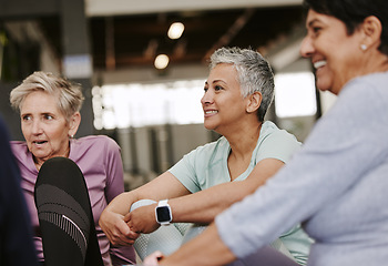 Image showing Fitness, health and group of senior women talking while resting after workout in the gym. Conversation, wellness and healthy elderly female friends speaking after exercise or training in sport center