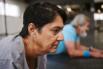 Image showing Senior, fitness and couple of friends at gym for exercise, training or strong mindset on blurred background. Old people, workout or performance at health club for cardio, focus or challenge on mockup