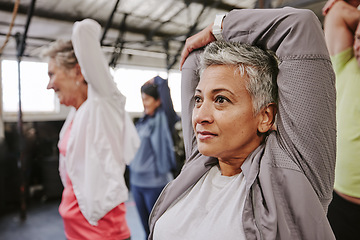 Image showing Senior women, stretching arms and group for health, fitness or wellness for focus, support and motivation. Old woman, team workout and muscle development in retirement with exercise, mindset and goal