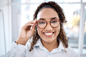 Image showing Optometry, smile and portrait of black woman with glasses for eye exam, sight and vision testing at clinic. Optometrist, health and happy girl with frames, prescription lens and eyeglasses for eyes