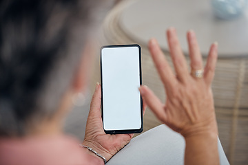 Image showing Woman, phone and video call on mockup screen, online virtual communication or social networking connection. Hands wave hello on mobile mock up with technology, digital voip and smartphone media space