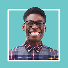 Image showing Portrait, black man and excited smile in studio with glasses on color frame, border and background. Funny face, happy male model and nerd smiling with confidence, happiness and confident young geek