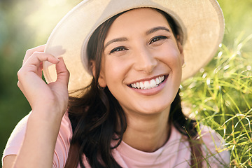 Image showing Portrait, woman and smile on countryside vacation, Canadian girl and weekend break. Face, female tourist and lady with happiness, carefree and freedom on holiday, tourism and outdoor with joy and fun