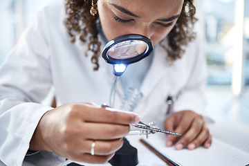 Image showing Science, magnifying glass and and woman with microchip for inspection, repair and maintenance in lab. Computer research, technician and engineer working on tech hardware, processor and motherboard