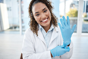 Image showing Black woman, scientist and medical research, gloves and hands, smile in portrait with safety and health science. Healthcare, doctor and hygiene, prepare for test or exam with experiment and PPE