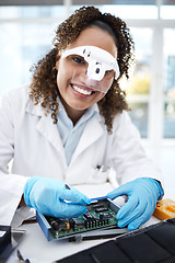 Image showing Programming, computer hardware and portrait of black woman with electronic cpu, circuit and microchip. Technology maintenance, it repair and face of engineer smile fix code, motherboard and processor