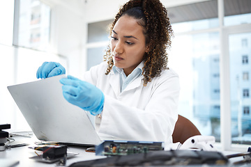 Image showing Black woman, computer motherboard or system for technician in cyber crime investigation at laboratory. Information technology engineer, laptop or lab for programmer with data analysis for IT solution