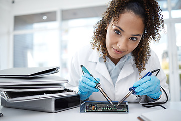 Image showing Computer hardware, soldering and portrait of black woman working on cpu, circuit and microchip. It maintenance, programming and face of female electrician fix coding, motherboard and processor