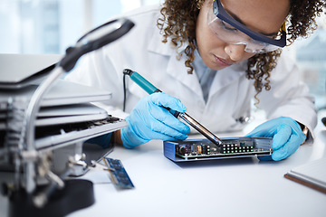 Image showing Programming, hardware repair and black woman electrician working on cpu, circuit and microchip. Technology maintenance, soldering iron and female technician fix coding, motherboard and processor