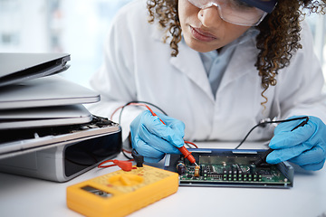 Image showing Computer hardware, diagnostic and black woman electrician working on electronic cpu, circuit and microchip. It maintenance, programming and female engineer repair coding, motherboard and processor