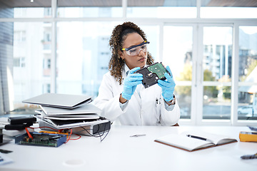 Image showing Computer hardware, programming and black woman electrician working on electronic cpu, circuit and microchip. Technology system, it repair and engineer for coding, motherboard and processor inspection