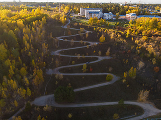 Image showing Aerial top vew of winding road in the city