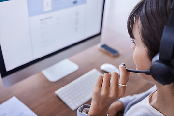 Image showing Woman, call center and computer in telemarketing communication for desktop support at the office. Female consultant or agent with headset mic for online advice or consulting assistance at workplace