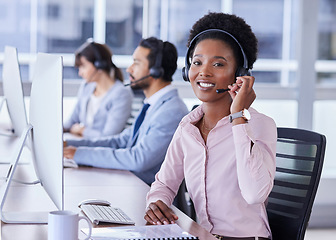 Image showing Black woman, call center and portrait smile with headset for telemarketing, customer support or service at the office. Happy African American female consultant smiling for online advice in contact us