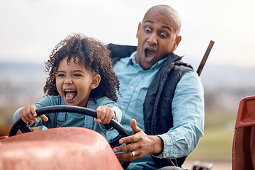 Image showing Farming, tractor and father driving with his child outdoor on the farm with a omg, scared and crazy face expression. Nature, eco friendly and dad riding with his girl kid in agro field in countryside