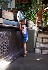 Image showing Coffee shop, restaurant and girl at counter for service for breakfast beverage, juice or shake. Childhood, small business cafe and excited child looking over barista bar for drink, dining or lunch