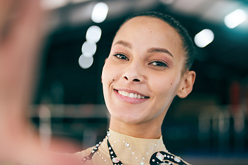 Image showing Selfie, gymnastics and portrait of woman in gym excited for aerobics competition, practice and training. Sports, fitness and photo of girl rhythmic athlete for balance, flexibility and dance routine