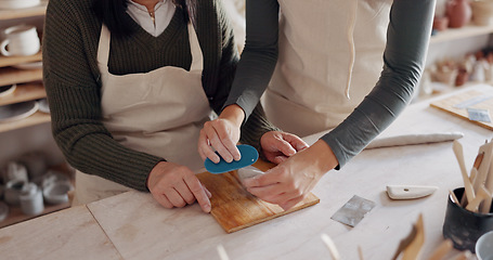 Image showing Senior woman, pottery teacher and mold tool in art studio lesson, creative clay workshop or product manufacturing small business. Learning, education or ceramic sculpture class with startup equipment