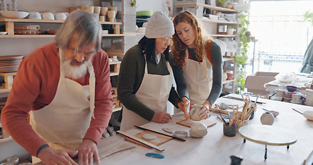 Image showing Creative pottery class, senior couple and teacher working together. Art, creativity and education, retirement hobby with clay for asian man and woman from Japan in workshop with girl teaching craft.