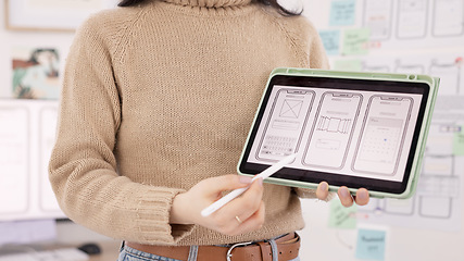 Image showing App, developer and woman with hands on tablet design screen for development of ui, ux and tech project. Designer, display and innovation employee in office with digital illustration presentation.