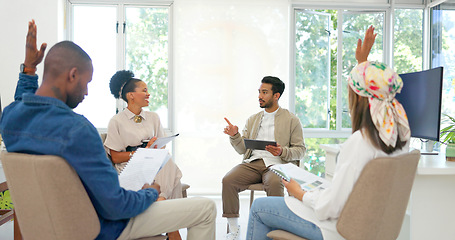 Image showing Businessman, talking or answer hands in diversity workshop, training or feedback on tablet or paper. Collaboration, teamwork or strategy planning question for mentor with technology in review meeting