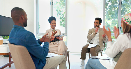 Image showing Business people, talking or clapping in success meeting, training or workshop in office growth, target or goal. Smile, happy or teamwork in winner applause, diversity achievement or paper celebration