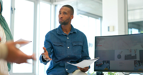 Image showing Black businessman, mentor or diversity meeting on paper, documents or review in coaching or training feedback. Speaker, leadership or talking in workshop, collaboration or teamwork strategy planning