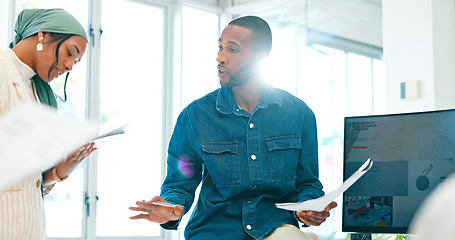 Image showing Black businessman, mentor or diversity meeting on paper, documents or review in coaching or training feedback. Speaker, leadership or talking in workshop, collaboration or teamwork strategy planning