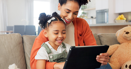 Image showing Tablet, learning and black family on education app in home for remote teaching with happy child. Living room, teacher and smile of mother helping daughter with educational internet application.