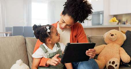 Image showing Tablet, learning and black family on education app in home for remote teaching with happy child. Living room, teacher and smile of mother helping daughter with educational internet application.