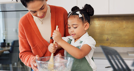 Image showing Cooking, kitchen and mother with child teaching, learning and working together for breakfast, cake or cookies in home development. Family mom and kid baking dessert with food, eggs, butter and flour