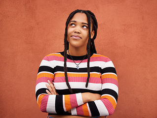 Image showing Thinking, black woman and face on background for ideas, mindset and planning on mockup. Inspiration, brainstorming and female model curious for question, solution and remember memory on mock up wall