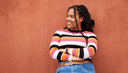 Image showing Mockup, black woman and thinking with arms crossed, wall and carefree with fantasy, imagination and wonder. Female, Jamaican and lady with decisions, choice or opportunity with smile or trendy outfit