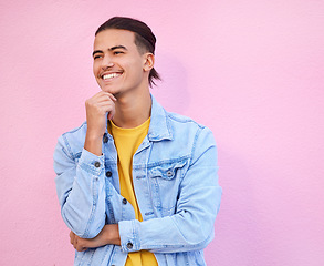 Image showing Thinking, man and vision on pink background of happy ideas, mindset and planning on mockup studio wall. Inspiration, happiness and male model smile for question, solution and remember memory of goals