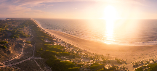 Image showing Aerial view of beach at sunset