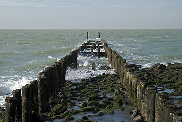 Image showing North Sea beach with breakwater,Netherlands