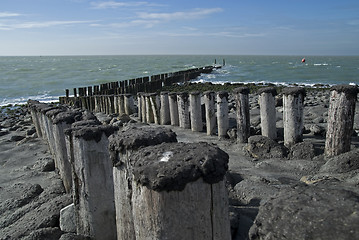 Image showing North Sea beach with breakwater,Netherlands