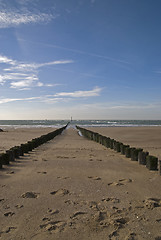 Image showing North Sea beach with breakwater,Netherlands