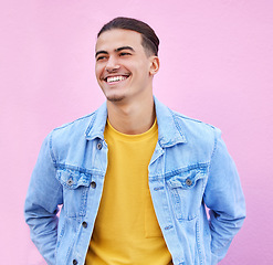 Image showing Thinking, man and smile on pink background for happy ideas, mindset or fashion color on studio wall. Inspiration, happiness and male model smile for brainstorming, mockup or remember memory of vision