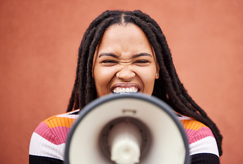 Image showing Megaphone, speaker or loud black woman protest with speech announcement for politics, equality or human rights. Feminist screaming, revolution or gen z girl shouting for justice on wall background